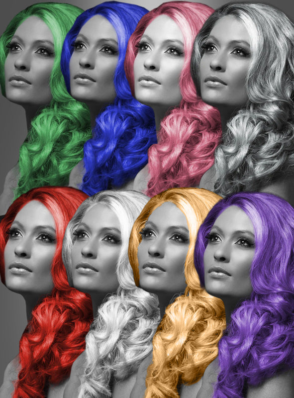 Acht Graustufenporträts derselben Frau, deren Haare jeweils digital in Grün, Blau, Lila, Rot, Weiß, Gold, Silber und Violett gefärbt sind – als hätte sie für jede Aufnahme mit einem anderen Farbton von „Farbiges Haarspray für Karneval“ experimentiert –, sind in zwei Reihen vor einem grauen Hintergrund angeordnet.