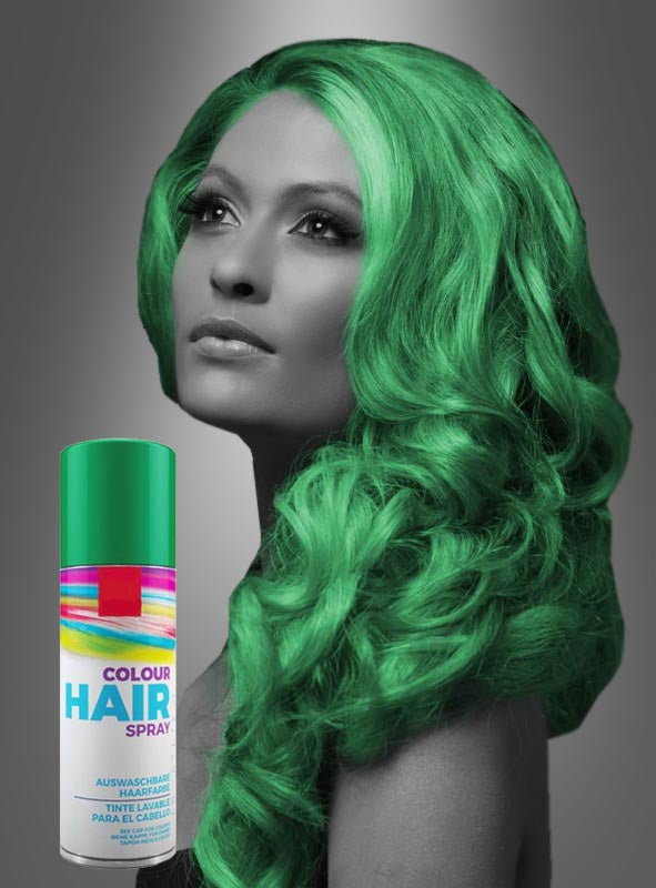 Ein Graustufenporträt einer Frau mit leuchtend grünem Haar sticht besonders hervor und unterstreicht ihr faszinierendes Aussehen. Im Vordergrund steht eine Dose „Farbiges Haarspray für Karneval“ – perfekt, um auffällige, auswaschbare Frisuren zu kreieren, die sich ideal für Karneval und andere festliche Anlässe eignen.