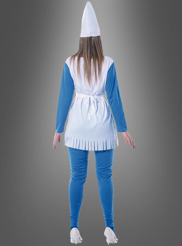 Eine Person in einem Zwergen-Kostüm für Damen – einem blau-weißen Outfit mit einem hohen weißen Hut –, von hinten gesehen, vor einem grauen Hintergrund mit Farbverlauf; perfekt für jeden Anlass, bei dem ein Karnevalskostüm gefragt ist.