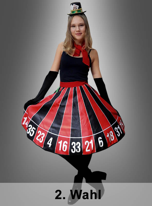 Eine Frau präsentiert den Rock „2. Wahl Tellerrock Roulette Rad“, kombiniert mit einem kleinen Hut, während sie vor einem Hintergrund mit Farbverlauf steht, auf dem unten „2. Wahl“ zu sehen ist.