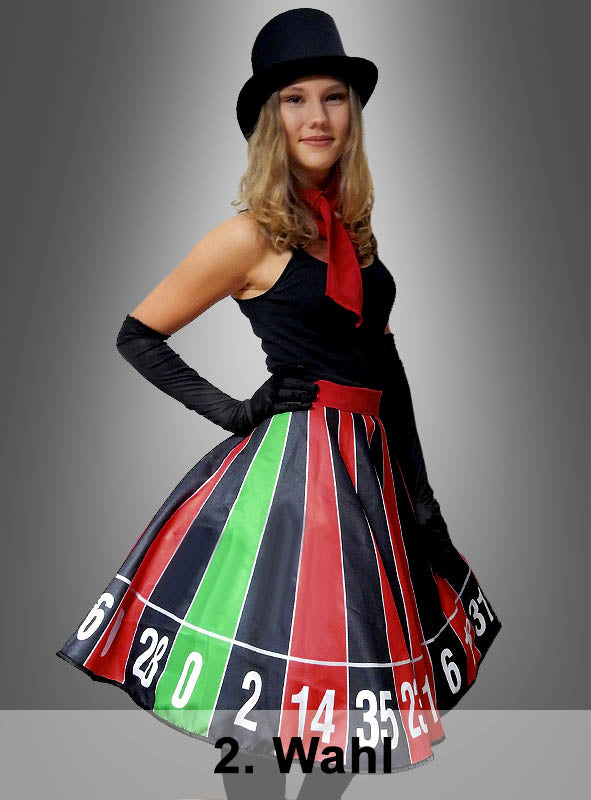 Eine Frau präsentiert den Rock „2. Wahl Tellerrock Roulette Rad“ vor einem grauen Hintergrund, kombiniert mit einem schwarzen Oberteil, einem roten Schal, schwarzen Handschuhen und einer Melone. Unten ist der Schriftzug „2. Wahl“ zu sehen.