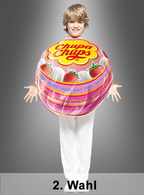 Ein Kind, das das „2. Wahl Chupa Chups Lolli-Kostüm für Kinder“ trägt – ein rundes, rosa Kostüm in Form eines Erdbeer-Sahne-Lutschers –, steht vor einem grauen Hintergrund, unter dem der Text „2. Wahl Kostüm“ zu lesen ist. Perfekt für Fasching-Feiern mit Kinderkostümen!.