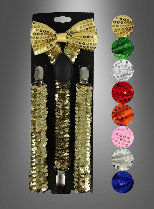 Ein Set aus goldenen Pailletten-Hosenträgern und einer passenden Fliege auf einer schwarzen Karte – dieses „Pailletten-Hosenträger-Set mit Fliege“ ist ein verspieltes Karnevals-Kostüm-Accessoire, das in neun leuchtenden Farben erhältlich ist: Gold, Grün, Silber, Rot, Orange, Pink, Blau, Hellblau und Schwarz.