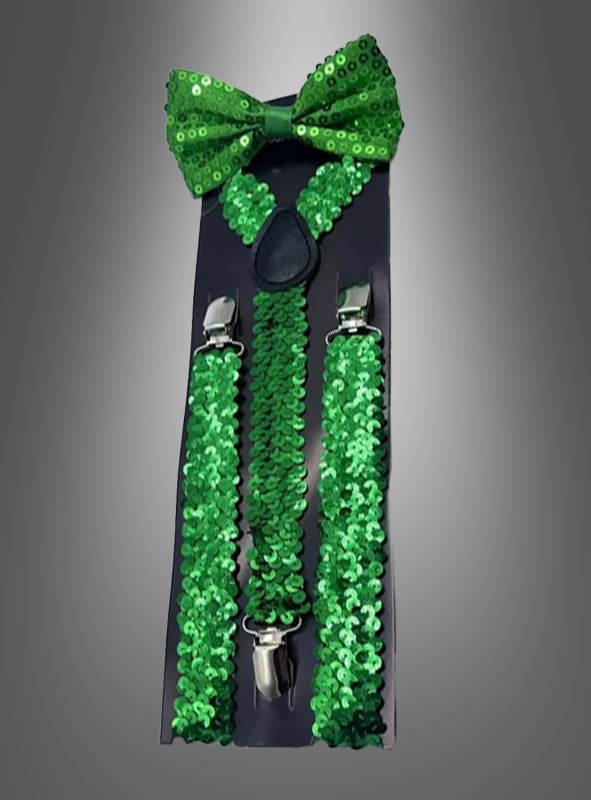 Das Set „Pailletten-Hosenträger mit Fliege“, bestehend aus einer grünen Pailletten-Fliege und passenden Hosenträgern mit silbernen Clips – ideal als verspieltes Karnevalskostüm-Accessoire –, wird auf einer schwarzen Karte vor einem grauen Farbverlaufshintergrund präsentiert.