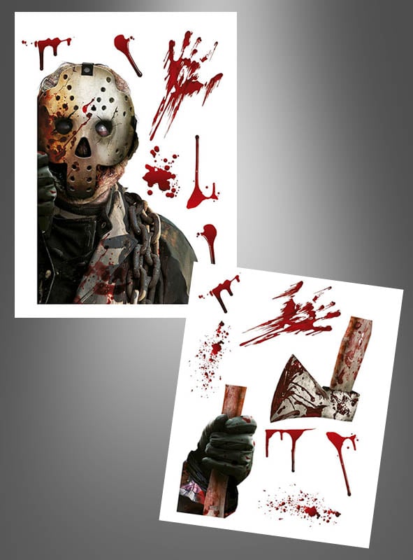Eine Gestalt mit Eishockeymaske und Ketten, deren behandschuhte Hand eine blutige Axt umklammert, umgeben von Blutspritzern und Handabdrücken auf weißem Hintergrund – diese Halloween-Deko-Fensteraufkleber sind perfekt, um Ihrer Halloween-Fensterdekoration einen klassischen Gruselfaktor zu verleihen.