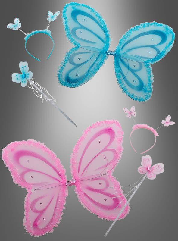 Schmetterlingsflügel-Set für Kinder, 45 x 36 cm, in Blau und Pink, inklusive Feenflügeln, Schmetterlings-Stirnband und passendem Feenstab – präsentiert auf grauem Farbverlauf. Perfekt als Kinderkostüm-Set für zauberhafte Verkleidungsspiele.