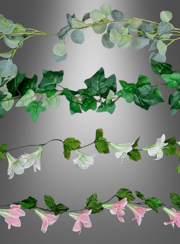 Vier künstliche Blumengirlanden (140–220 cm) werden vor einem Hintergrund mit Farbverlauf präsentiert: Eukalyptus, Efeu, weiße Blüten mit grünen Blättern und rosa Blüten mit grünen Blättern. Diese hochwertigen künstlichen Blumengirlanden eignen sich perfekt als Dekoration für jeden Anlass.