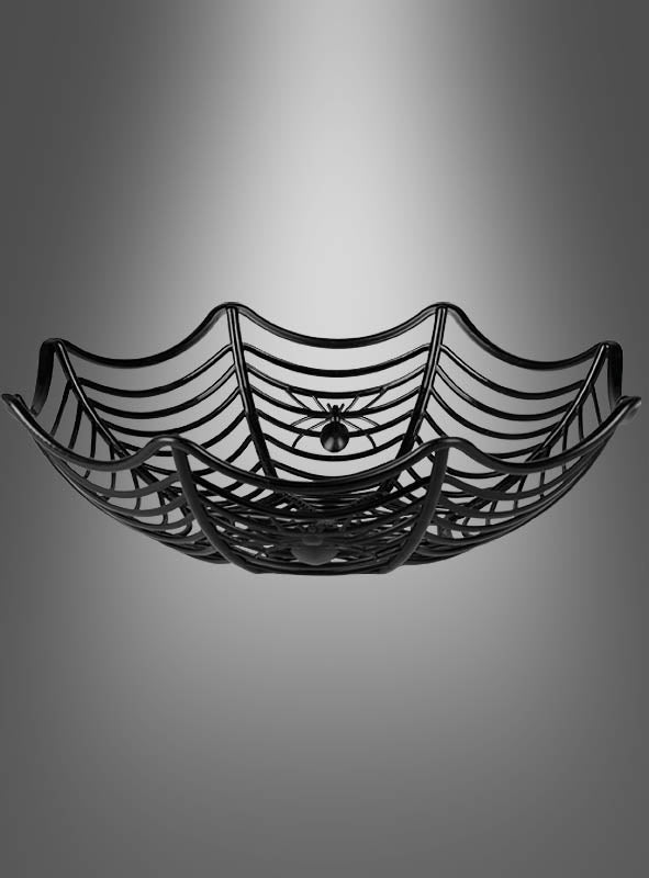 Die „Spinnennetz“-Dekoschale Halloween 27 cm ist eine schwarze Schale in Form eines Spinnennetzes mit einer dekorativen Spinne in der Mitte, die vor einem grauen Hintergrund mit Farbverlauf fotografiert wurde – perfekt als auffällige Halloween-Tischdekoration oder zum Servieren von Halloween-Süßigkeiten.