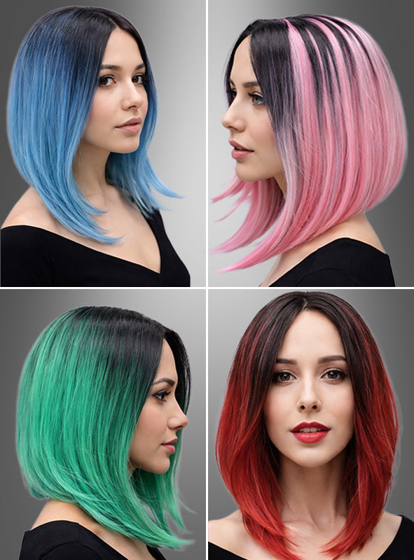 Auf vier Fotos ist eine Frau mit schulterlangem Haar zu sehen, jeweils in einer anderen leuchtenden Farbe – Blau, Rosa, Grün und Rot –, mit dunklen Haaransätzen und als glatte Langhaarperücke gestylt. Diese Looks, die das auffällige Design der zweifarbigen Perücke „Lilia“ zur Geltung bringen, sind perfekt für Liebhaber von Karnevalsperücken und wurden vor einem einfarbigen Hintergrund fotografiert.