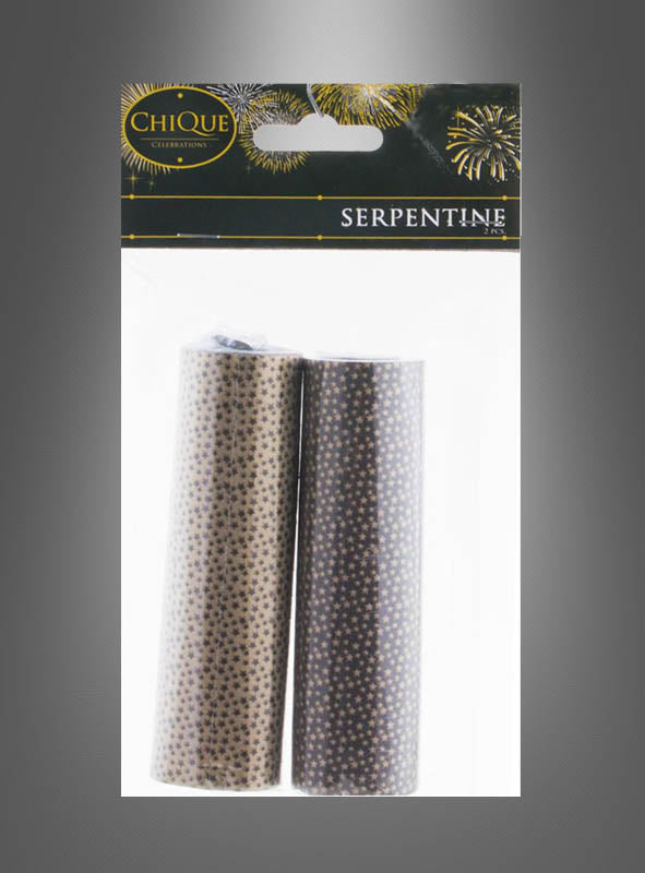 Zwei Rollen Luftschlangen – eine goldene und eine schwarze mit kleinen Sternmotiven – in einer Verkaufsverpackung mit der Aufschrift „Luftschlangen für Partydeko“ sind die perfekte Wahl für den Karneval oder jeden anderen festlichen Anlass. Diese farbenfrohen Luftschlangen verleihen Ihrer Festdekoration einen funkelnden Touch.