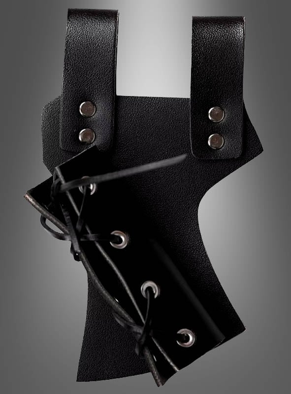 Mittelalterliche Schwertscheide mit Gürtelhalter aus schwarzem Leder mit Metallnieten, mit verstellbaren Riemen und Schnürverschluss, inspiriert von mittelalterlichen Kostümen, vor einem schlichten grauen Hintergrund abgebildet.