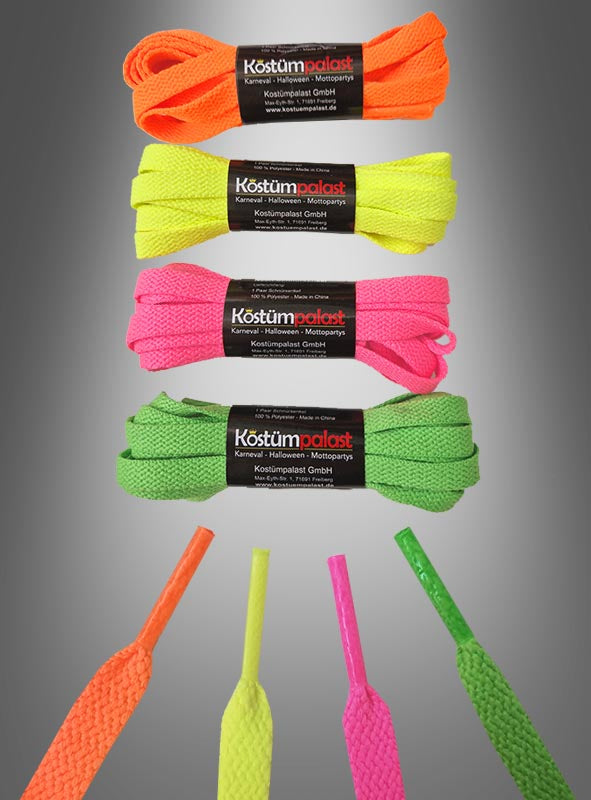 Vier Paar farbenfrohe Schnürsenkel „Neon“ in den Längen 120 cm oder 150 cm – in Orange, Gelb, Pink und Grün – werden vor einem grauen Farbverlaufshintergrund gezeigt, darunter jeweils eine Nahaufnahme der Schnürsenkelenden. Diese ovalen Neon-Schnürsenkel sind in den Längen 120 cm oder 150 cm erhältlich und eignen sich perfekt, um deinen Lieblingsschuhen einen verspielten Farbtupfer zu verleihen.