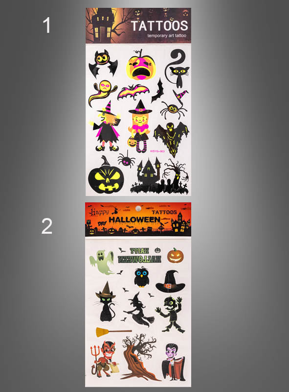 Blatt 1 und Blatt 2 zeigen eine Vielzahl von Halloween-Tattoos mit Motiven wie Kürbissen, Hexen, Fledermäusen, schwarzen Katzen, Skeletten, Geistern, Monstern und Spukhäusern auf weißem Hintergrund – ideal, um deinem Halloween-Kostüm eine gruselige Note zu verleihen.