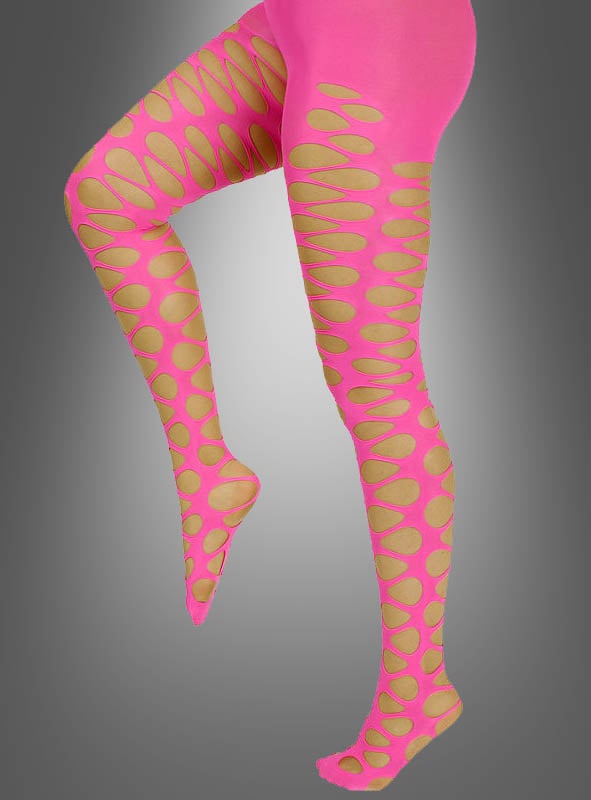 Eine Person präsentiert die „Strumpfhose mit Lochmuster im 80er-Jahre-Stil“ – eine knielange, leuchtend pinkfarbene Strumpfhose mit auffälligen ovalen Neon-Ausschnitten an den Seiten – im klassischen 80er-Jahre-Stil, während sie auf einem Bein vor einem grauen Hintergrund mit Farbverlauf steht.