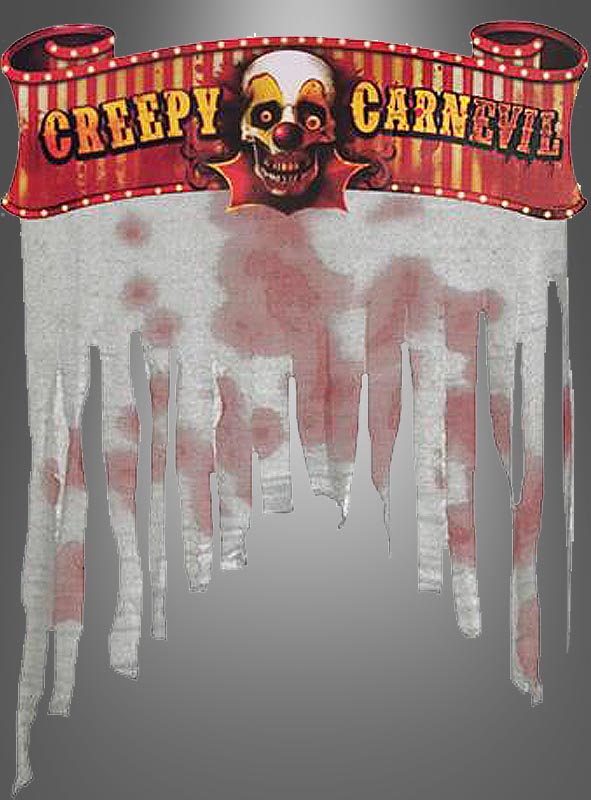 Auf einem zerfledderten Banner steht „Creepy Carnevil“, darüber ist ein unheimliches Clownsgesicht zu sehen, das rote Flecken und ausgefranste, zerrissene Ränder aufweist – damit ist die Eingangstür-Dekoration „Halloween Party 97 cm“ die ideale Wahl, um Ihrem Eingangsbereich eine gruselige Note zu verleihen oder auf Ihrer Halloween-Party einen schaurigen Türbanner-Effekt zu erzielen.