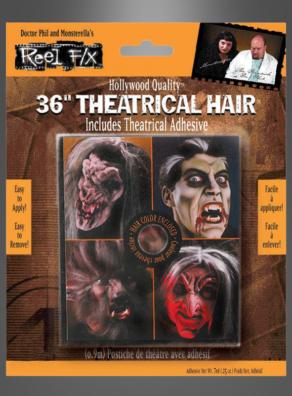 36er-Pack „Theaterhaar GRAU“ für Oma-, Opa-, Geist- oder Vampir-Kostüme mit vier Beispielen für Monster-Make-up. Enthält Theaterkleber zum einfachen Anbringen und Entfernen – perfekt für Kostüme und Spezialeffekte auf der Bühne oder auf Partys.
