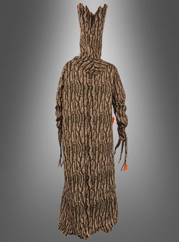 Eine Person, die das „Spukender Geisterbaum“-Kostüm (Unisex) trägt – ein Ganzkörperkostüm mit Rindenmuster, hohem Kopfschmuck und astartigen Ärmeln –, steht vor einem grauen Hintergrund mit Farbverlauf.