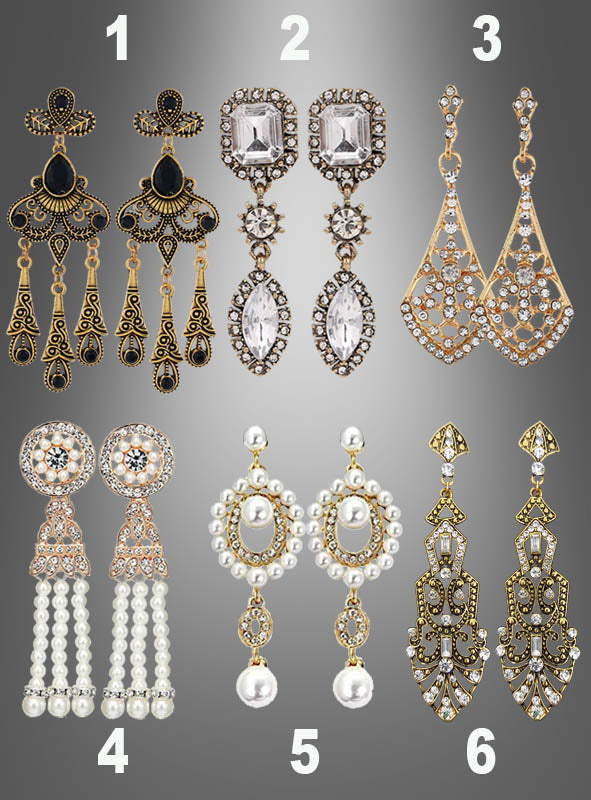 Sechs Paar Ohrringe aus der Kollektion „Goldene Ohrringe mit Perlen oder Edelsteinen“ sind vor einem grauen Hintergrund mit Farbverlauf zu sehen; jedes Paar ist von 1 bis 6 nummeriert und besticht durch elegante Designs mit Goldtönen, Perlen und funkelnden Edelsteinen.