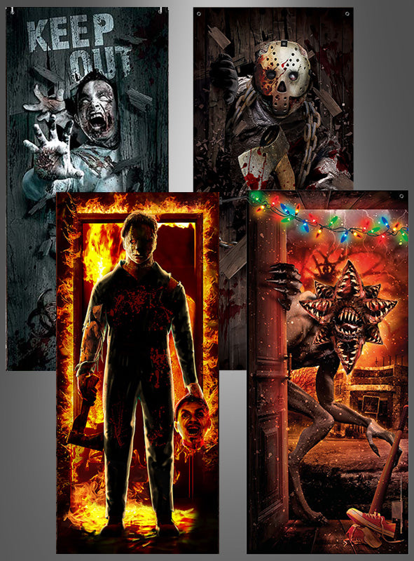 Verleihen Sie Ihrem Eingangsbereich mit der Halloween-Türdekoration (180 x 80 cm) eine ganz neue Note – einem Set aus vier Postern im Horror-Stil, darunter ein Zombie-Türposter, ein maskierter Mörder mit einer Machete, ein Mann, der einen abgetrennten Kopf hält, und ein Monster mit Blumen-Kiefer, das in der Nähe von Weihnachtsbeleuchtung lauert – perfekt, um Ihrer Halloween-Dekoration einen gruseligen Touch zu verleihen.