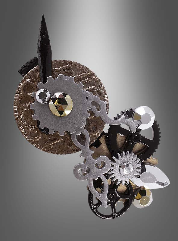 Eine Komposition aus metallischen Zahnrädern, Ritzeln und juwelenartigen Elementen, die in einem abstrakten, vom Steampunk inspirierten Design vor einem grauen Hintergrund mit Farbverlauf angeordnet sind – perfekt für alle, die auf der Suche nach einer unverwechselbaren Steampunk-Haarspange oder einem einzigartigen Haaraccessoire sind, um ihr Steampunk-Kostümzubehör zu vervollständigen.
