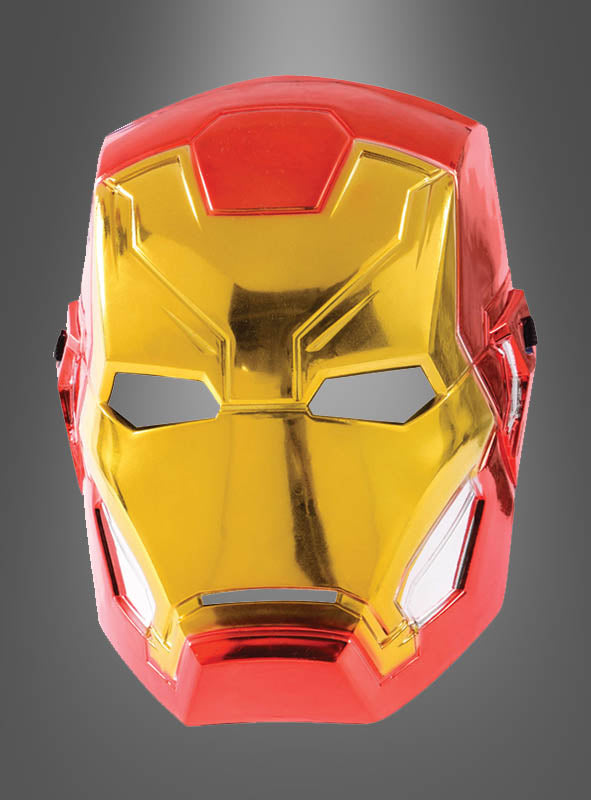 Eine glänzende, rot-goldene Iron-Man-Maske in Metalloptik, inspiriert vom legendären Marvel-Comic-Helden, vor einem grauen Hintergrund mit Farbverlauf.