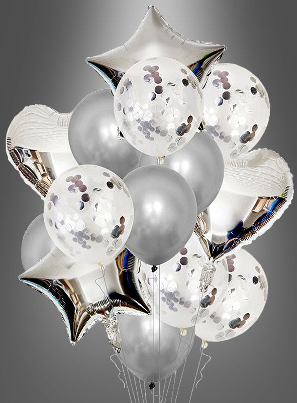 Ein glamouröser Ballonstrauß aus der „Glamour“-Kollektion, erhältlich in Gold, Silber oder Schwarz, mit auffälligen Folienballons in Stern- und Herzform sowie eleganten Ballons in passenden Farben, alles vor einem stilvollen grauen Hintergrund mit Farbverlauf.