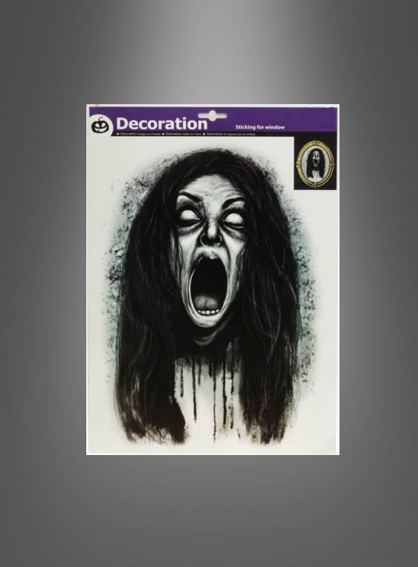 Verleihen Sie Ihrem Raum mit dem „Fensterbilder Skelett oder Geist Halloweendeko 40 cm“ einen gespenstischen Touch – eine auffällige Fensterdekoration mit einer schwarz-weißen Illustration einer schreienden, langhaarigen Geisterfrau mit weit aufgerissenem Mund und nach hinten gerollten Augen. Diese Halloween-Dekoration eignet sich perfekt, um als dramatisches Fensterbild eine unheimliche Atmosphäre zu schaffen.
