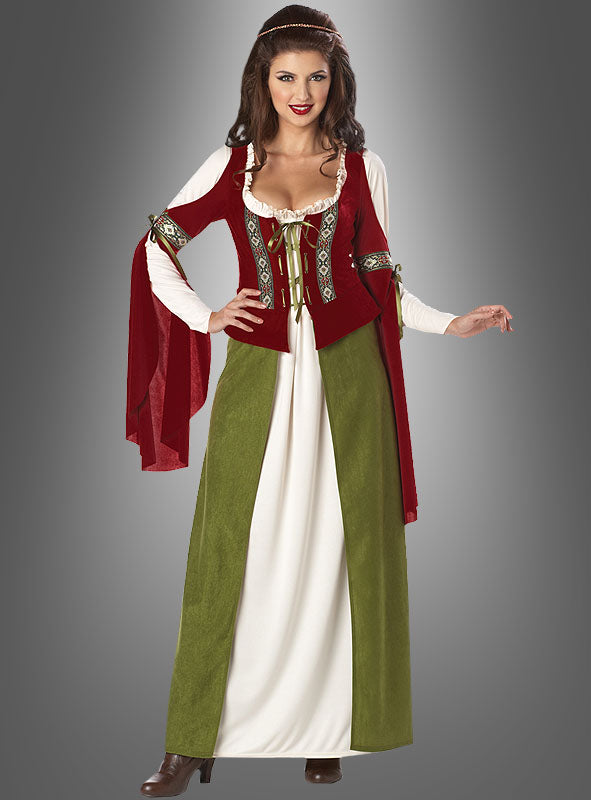 Vor einem grauen Hintergrund steht eine Frau, die das Mittelalterkleid „Edeldame Adelheid“ trägt, das aus einem roten Oberteil, weißen Ärmeln und einem langen grün-weißen Rock besteht.