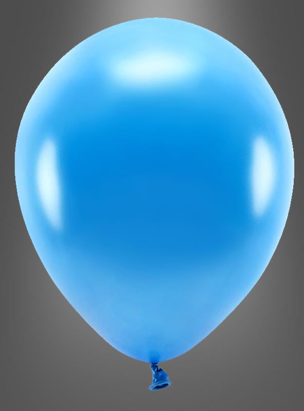 Ein einzelner blauer Öko-Luftballon als Partydekoration mit Glanzoptik, biologisch abbaubar und umweltfreundlich, ist aufgeblasen und am unteren Ende verknotet. Er schwebt vor einem schlichten, grauen Farbverlauf im Hintergrund.