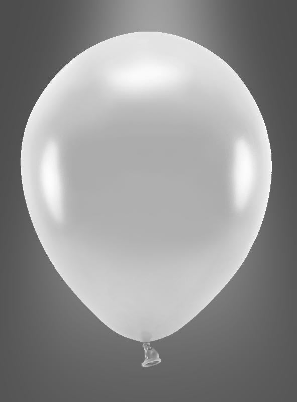 Ein einzelner weißer Öko-Luftballon mit Glanzoptik als Partydekoration hebt sich vor einem schlichten grauen Hintergrund ab. Dieser biologisch abbaubare Luftballon verbindet stilvolle Dekoration mit Umweltbewusstsein.