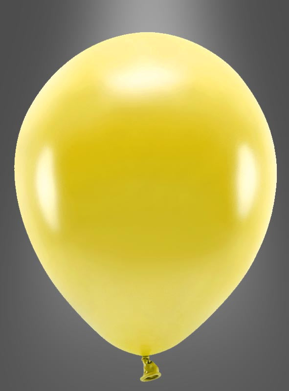 Ein einzelner aufgeblasener gelber Luftballon aus der Kollektion „Öko Luftballons Partydeko Glanzoptik“ wird vor einem schlichten grauen Hintergrund mit Farbverlauf präsentiert und eignet sich somit ideal für nachhaltige Partydekorationen.
