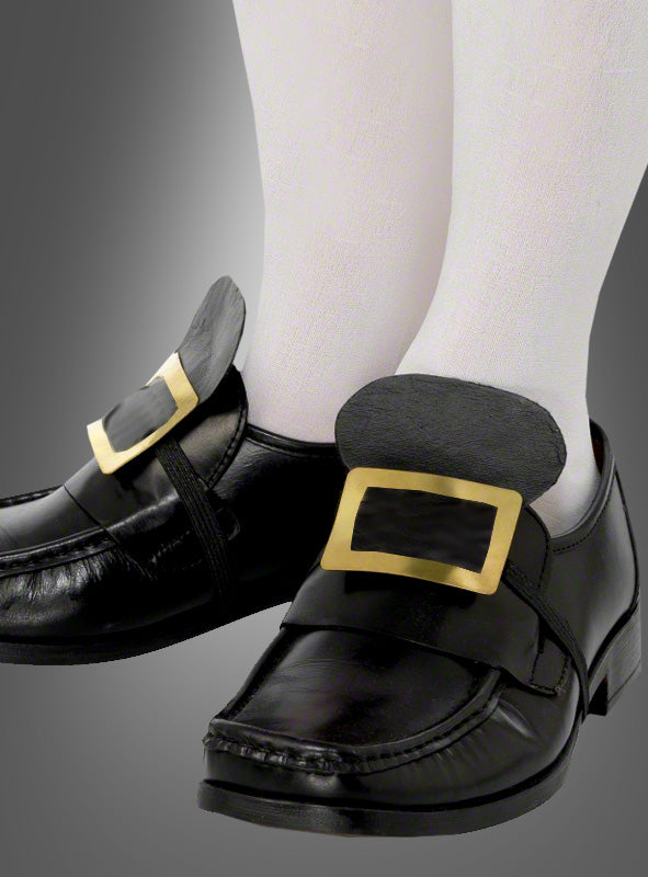 Schuhschnallen für Hexen-, Barock- und Pilgerkostüme in Schwarz mit goldenen Schnallen und weißen Strümpfen sind von traditionellem Pilgerschuhewerk inspiriert, verkörpern die Eleganz des Barockzeitalters und sind das ideale Accessoire für ein Rokoko-Kostüm.