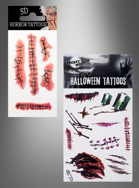 Aber sicher! Hier ist der überarbeitete Satz unter Verwendung Ihrer Produktdaten: Zwei Packungen „Blutige Narben Tattoo Wunden“ mit künstlichem Blut, Nähten, Narben, Blut und Wundmotiven auf einem grau verlaufenden Hintergrund. Perfekt, um realistische Wunden-Tattoo-Effekte zu erzielen oder Ihren Halloween-Narben-Tattoo-Look aufzuwerten.