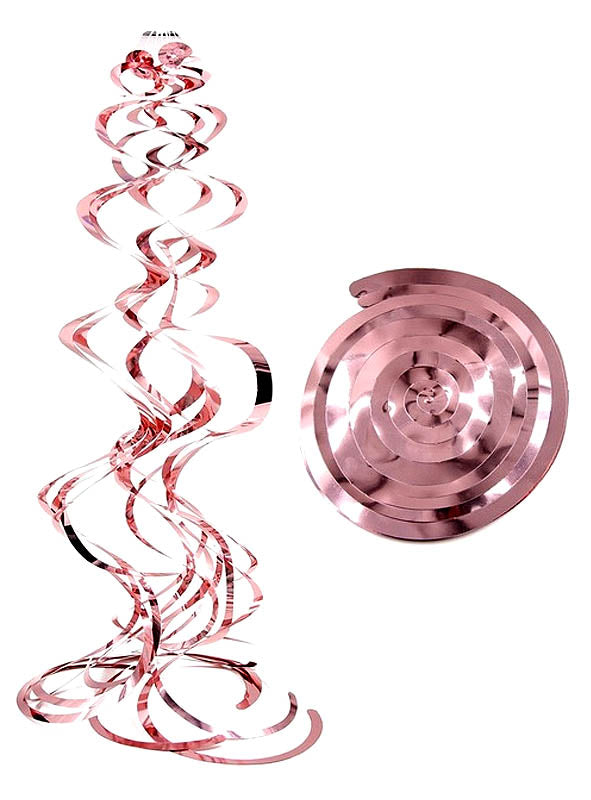 Die „Lametta Swirls“ in tollen Farben mit roségoldfarbenem Metallic-Finish sind hier in wellenförmiger Anordnung abgebildet, daneben ist auf weißem Hintergrund eine gewundene Variante zu sehen. Diese schimmernden Swirls eignen sich perfekt als Partydekoration und verleihen jedem Anlass eine elegante, festliche Note.