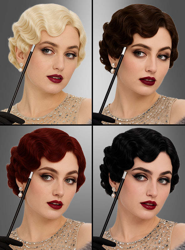 Auf vier Bildern ist dieselbe Frau zu sehen, die die „20er Wasserwelle Premium Perücke Barbara“ in den Farben Blond, Braun, Rot und Schwarz trägt. Ihr Haar ist im Vintage-Stil mit Fingerwellen gestylt, die an den Glamour der 20er-Jahre-Perücken erinnern. Dazu trägt sie Perlenohrringe und roten Lippenstift und hält einen Make-up-Pinsel an ihr Gesicht.