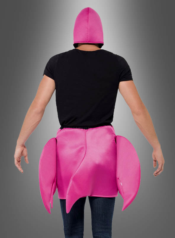 Eine Person, die mit dem Rücken zur Kamera steht, trägt ein schwarzes T-Shirt, Jeans und das „Flamingo Vogel“-Unisex-Kostüm, das sich durch eine leuchtend pinkfarbene Kapuze mit zwei seitlichen Flossen auszeichnet, die an einen verspielten Flamingo erinnern – perfekt für Karnevalsfeiern – vor einem grauen Hintergrund mit Farbverlauf.
