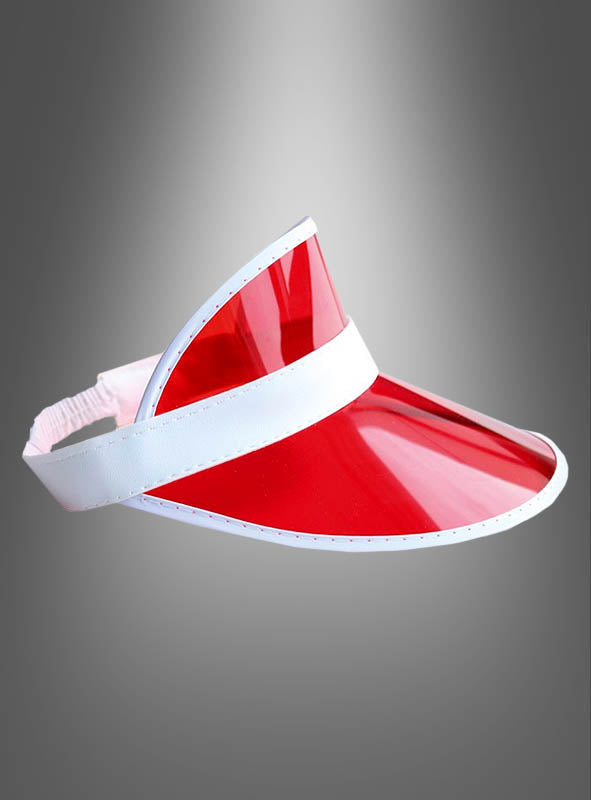 Die „80er Schirmmütze Sonnenvisier“ ist ein rot-weißes Sonnenvisier aus Kunststoff mit einem elastischen Riemen am Hinterkopf, das vor einem grauen Hintergrund mit Farbverlauf präsentiert wird. Dieses retro-inspirierte Accessoire verleiht jedem Look einen Hauch von Vintage.