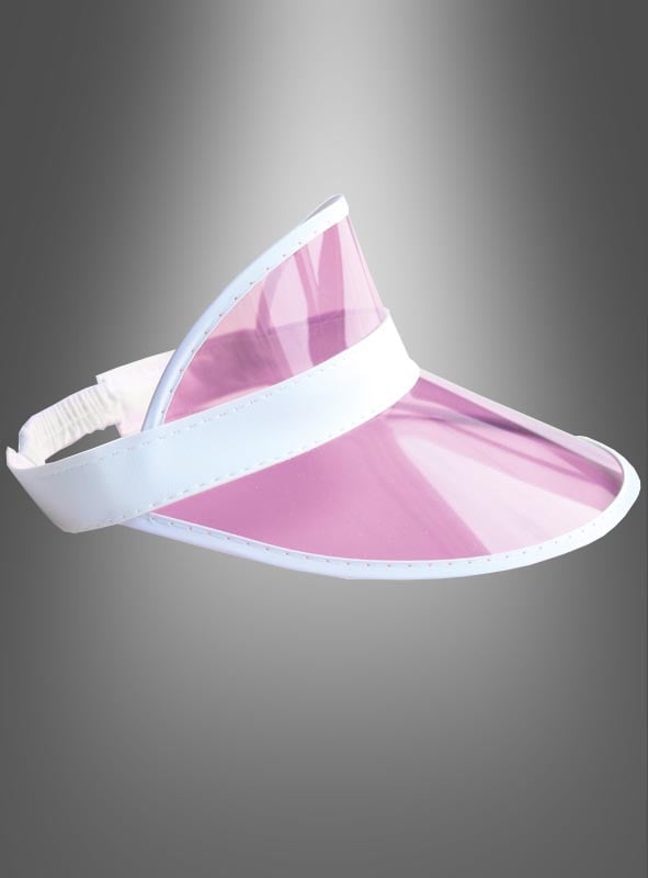 Eine Sonnenkappe im 80er-Jahre-Stil mit Sonnenschutz in durchscheinendem Rosa, mit einem weißen Band und einem verstellbaren Riemen, präsentiert vor einem grau verlaufenden Hintergrund.