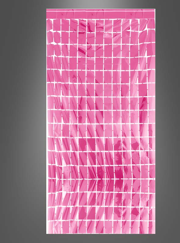 Eine rechteckige, durchscheinende, rosafarbene Party-Deko-Vorhang-Hintergrundfolie (100 x 200 cm) mit einem Raster aus weißen Linien ist vor einem grauen Hintergrund mit Farbverlauf abgebildet, der an festliche Dekoration erinnert und einen dezenten metallischen Schimmer aufweist.