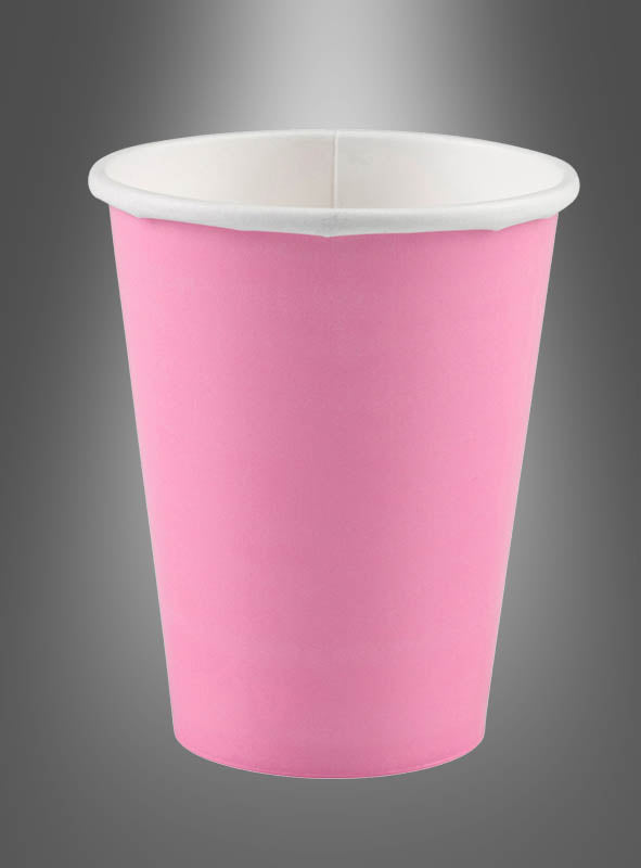 Ein einfarbiger rosa Pappbecher in einer 8er-Packung ist zentriert vor einem grauen Hintergrund mit Farbverlauf abgebildet.