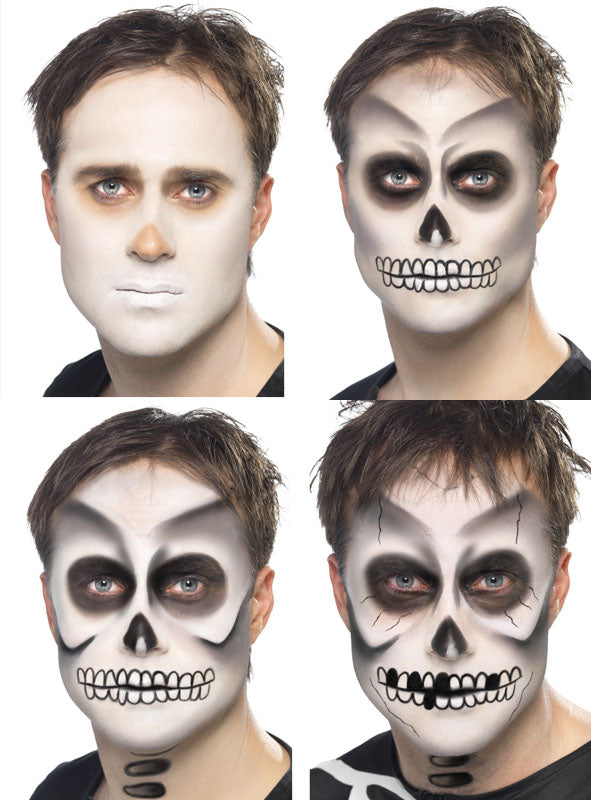 Vier-Schritte-Anleitung für die Anwendung des „Skelett Make-up Schmink-Set schwarz-weiß“: Zunächst wird eine weiße Grundierung aufgetragen, anschließend werden schwarze Details hinzugefügt, um einen auffälligen Skelett-Look zu erzielen.