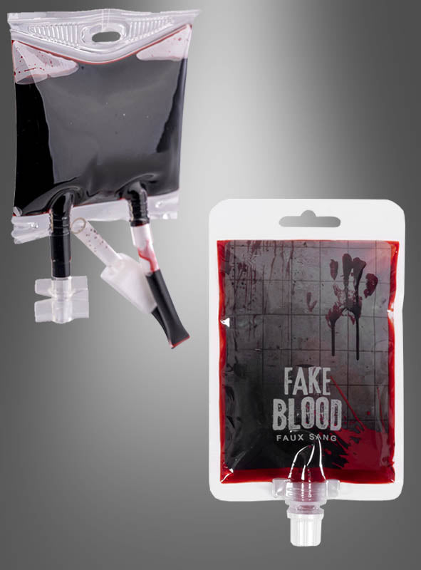 Zwei Beutel „Blutbeutel Fakeblut Transfusion“ – einer im Design eines medizinischen Transfusionsbeutels und der andere mit der Aufschrift „Kunstblut Fake Blood“, beide gefüllt mit realistisch aussehender roter Flüssigkeit – sind vor einem grauen Hintergrund mit Farbverlauf abgebildet. Dieser Artikel eignet sich perfekt als Scherzartikel für Streiche oder theatralische Effekte.
