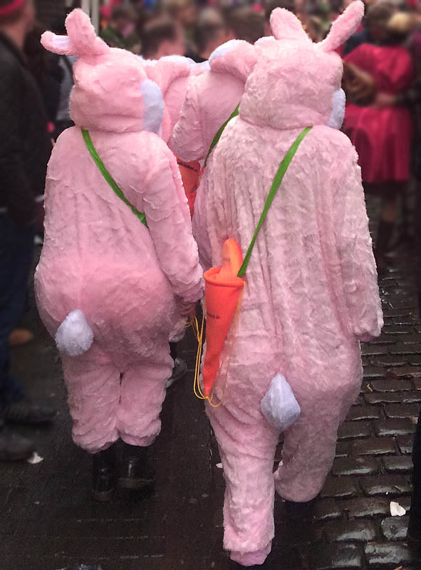 Drei Personen, die die Kostüme „Rosa Plüsch Hase für Damen oder Herren“ tragen – jeweils aus rosa Plüschstoff und mit weißen Schwänzen –, gehen eine Kopfsteinpflasterstraße entlang. Zwei von ihnen tragen orangefarbene, karottenförmige Taschen mit grünen Trägern über der Schulter. Im Hintergrund sind weitere Personen zu sehen.