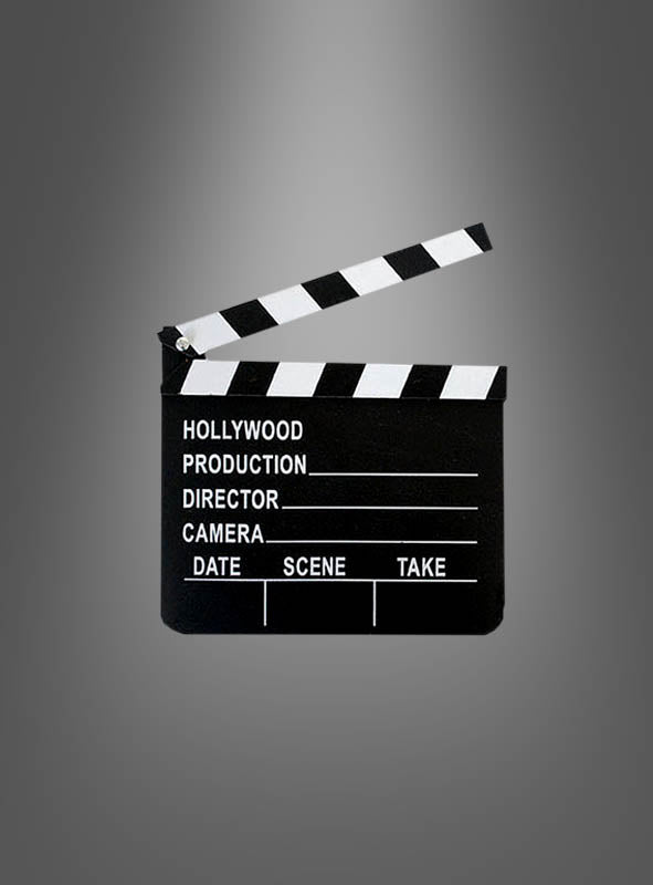 Ein Filmklappen-Hollywood-Partyzubehör in Schwarz-Weiß mit Feldern für Produktionsangaben wird vor einem schlichten grauen Hintergrund präsentiert und ist das ideale Kostümzubehör für jede Hollywood-Party.