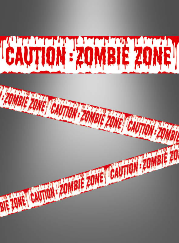 Ein rot-weißes Absperrband mit der Aufschrift „CAUTION: ZOMBIE ZONE“ in tropfender Schrift erstreckt sich über einen metallgrauen Hintergrund und ist damit die perfekte 6-Meter-Halloween-Dekoration für Ihre nächste Zombie-Party. Nutzen Sie dieses gruselige Absperrband, um die richtige Atmosphäre zu schaffen und Ihre Partygäste in höchster Alarmbereitschaft zu halten!.