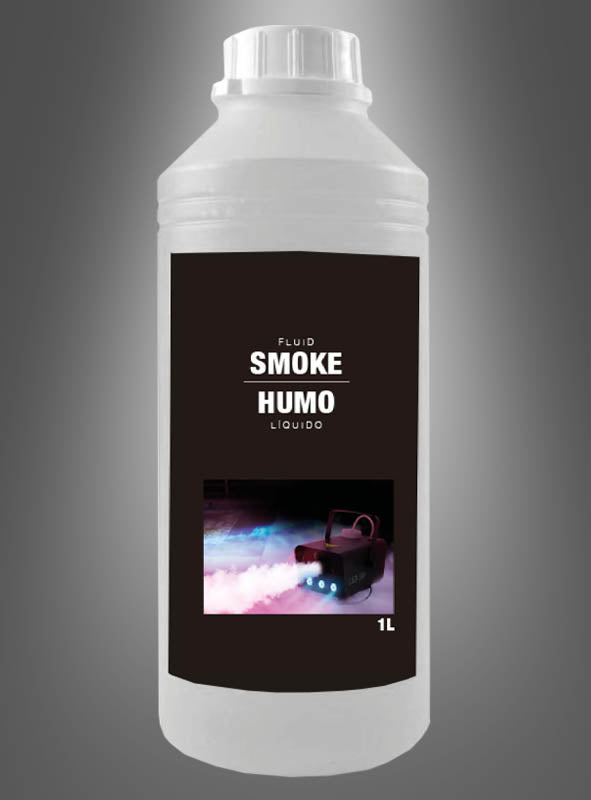 Eine 1-Liter-Flasche „Eurolite Nebelfluid für Nebelmaschinen“ mit einem Etikett, auf dem eine Nebelmaschine zu sehen ist, aus der bunter Rauch austritt.