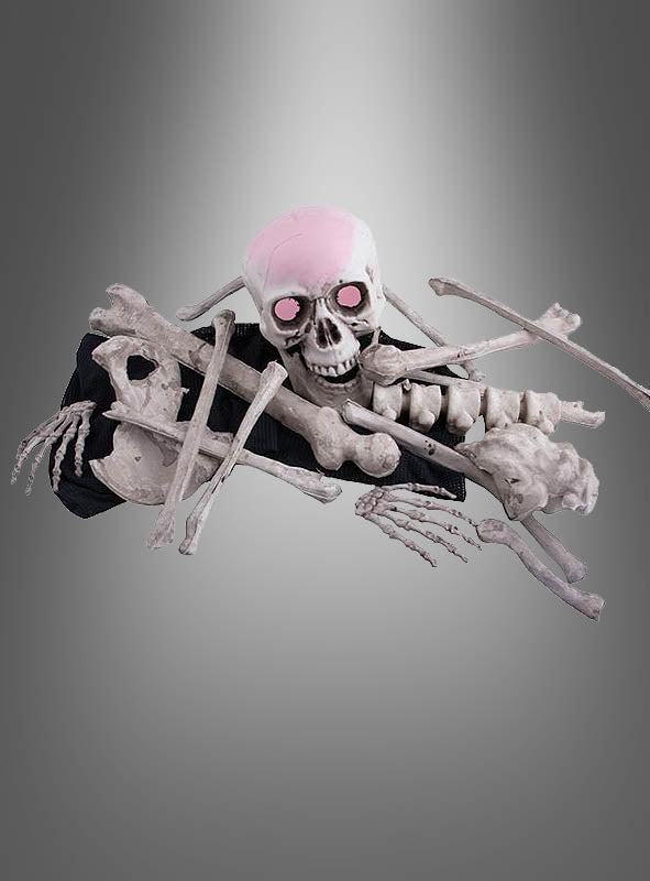 Ein menschliches Skelett-Knochenset mit LED-Schädel, dessen Augen rosa leuchten und das eine Schädelkappe trägt, liegt verstreut auf einem grauen Hintergrund mit Farbverlauf, wobei mehrere Kunststoffknochen über den Körper gekreuzt sind.