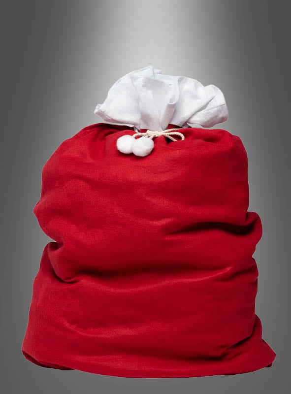 Der „Weihnachtsmann-Geschenkesack“ (100 x 60 cm) ist ein großer roter Stoffsack mit einem weißen Kordelzugverschluss und zwei weißen Pompons, abgebildet vor einem neutralen grauen Hintergrund.