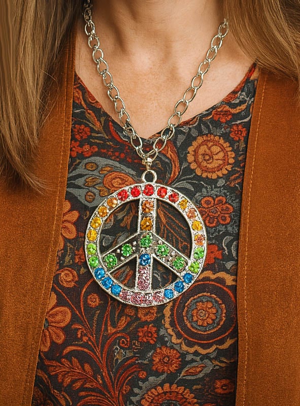 Eine Person, die die „Peace Kette mit Strass 6 cm“ über einem gemusterten Blumenhemd und einer braunen Jacke trägt.