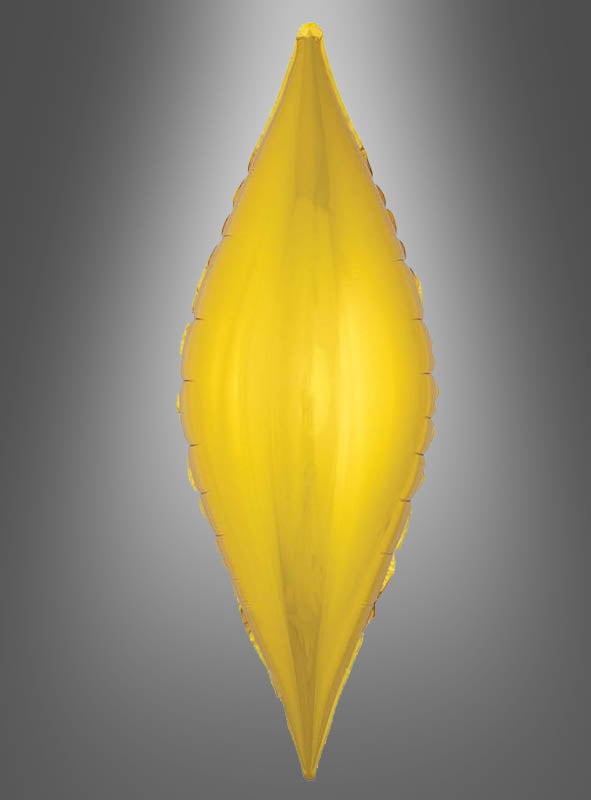 Goldene, symmetrische, blattförmige Skulptur „Ornament Folienballon Gold“ mit glatter Oberfläche, vertikal vor einem grau verlaufenden Hintergrund dargestellt.